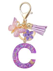 1个紫色蝴蝶字母钥匙扣，饰有闪亮亮片、流苏和珐琅花朵吊坠，时尚手提包挂件，母亲节礼物 - 淡紫色 - 查看 25