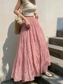 EARO 女士长款粉色半身裙，松紧腰设计，休闲飘逸，无弹力面料，适合日常穿着。休闲优雅风格，百搭春季单品。 - 粉色 - 查看 1