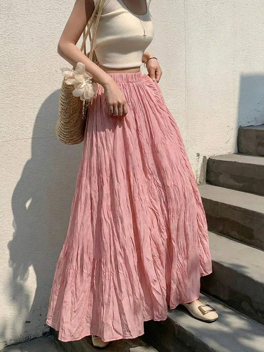 EARO 女士长款粉色半身裙，松紧腰设计，休闲飘逸，无弹力面料，适合日常穿着。休闲优雅风格，百搭春季单品。 - 粉色 - 查看 1