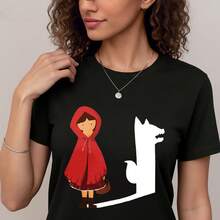 Camiseta de mujer 1 pieza, 100 % pura y cómoda, con estampado de patrón de silueta de moda de Caperucita Roja y lobo, cómoda, suave y transpirable, top casual de verano, lavable a máquina, tema abstracto de cuento de hadas, de moda y versátil, T- 1pcs, 180Gsm, 100% Cotton - Negro - Ver 5