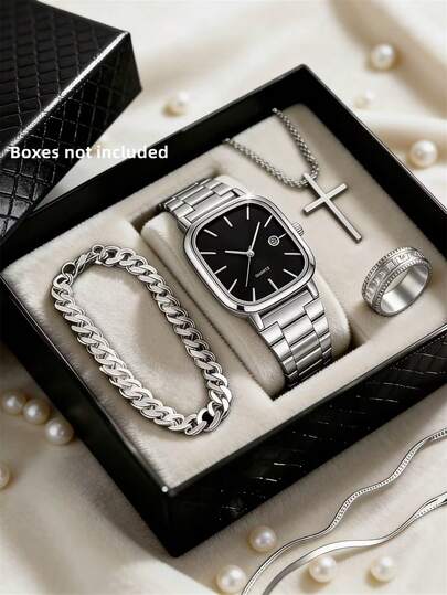 Bộ 4 món trang sức nam thanh lịch gồm đồng hồ thạch anh hiển thị ngày, dây chuyền mặt dây, nhẫn và vòng tay - Món quà hoàn hảo cho Lễ Tình nhân, Lễ Phục sinh, Halloween, sinh nhật, Giáng sinh, quà tặng lý tưởng dành cho phái mạnh.
