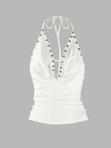 Y2K Style Sexy Women's Camisole, White Backless Tank Top With Rivet Decor, Low-Cut Spaghetti Strap Sleeveless Fitted Cropped Top Summer - White - View 7