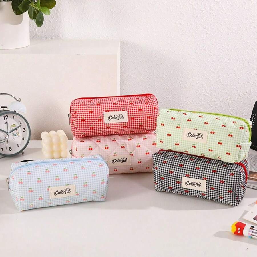 Hộp đựng bút in hình quả anh đào kẻ caro hoạt hình, thiết kế khóa kéo, dung tích lớn, túi đựng bút, đồ dùng văn phòng phẩm cho học sinh, túi đựng đồ dùng học tập. - nhiều màu - Xem 1