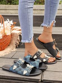 女士纯色时尚凉鞋，蝙蝠扣腰带镶嵌，轻便平底拖鞋，防滑夏季拖鞋，夏季罗马风露趾无后跟鞋，时尚蝙蝠露趾设计，透气性好，百搭休闲凉鞋，适合搭配任何服饰 - 黑色 - 查看 8