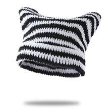 Korean-Style Fashionable Warm Hat, Cute Cat Ear Design For Women, Striped Pattern, Suitable For Autumn And Winter - Grey - View 7