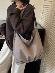 1 Piece Beige Soft Foldable Canvas Large Capacity Open Top Hobo Bag For Women & Daily Commute - Multicolor - View 8