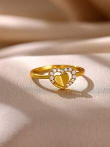 1 pieza Anillo de corazón de circonita cúbica vintage para mujer, color dorado, anillo geométrico para boda, fiesta y regalo de joyería - Dorado - Ver 13