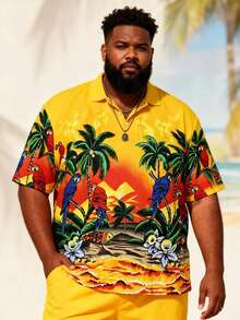 2pcs Plus Size Men's Tropical Parrot Sunset Print Short Sleeve Polo Shirt And Shorts Set, Suitable For Vacation, Outdoor, Streetwear, Daily Wear, Resort Style - Multicolor - View 3