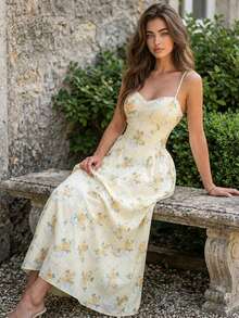 Women's Elegant Cream Yellow Rose Print Sweetheart Neck Spaghetti Strap Midi Dress, Chic Romantic Vacation Dress - Light Yellow - View 5
