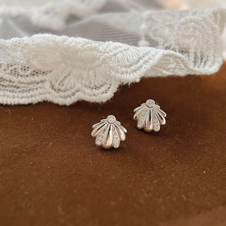 1 Đôi bông tai hình vỏ sò dành cho nữ, đính đá Zirconia siêu nhỏ, phong cách tối giản Hàn Quốc, thời trang, thích hợp cho chụp ảnh trên bãi biển. - Bạc - Xem 1
