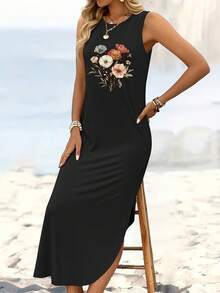 Graphic Print Tank Dress, Sleeveless Crew NeckCasual Dress For Summer & Spring, Women'sClothing - Pink - View 4
