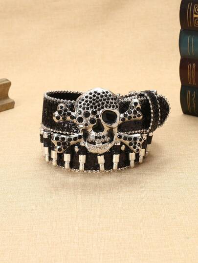 1pc Black/Red Skull Unisex Belt, Smooth Buckle Bullet Rivet Decor, Gothic Punk Street Style, Suitable For Jeans