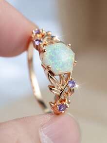 1pc Elegant Hexagon Synthetic Opal Ring, Leaf & Flower Design Ring, Wedding Ring, Promise Ring - Ring - View 4