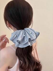 1个女士缎面大号珍珠褶皱弹力发圈，有米色、黑色、蓝色可选，可爱发圈，马尾辫发圈，超大号发圈，女士发饰旅行配件 - 彩色 - 查看 3