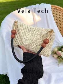 Women's New Arrival Shoulder Bag, Large Capacity Commuter Bag, Niche Design Casual Versatile Minimalist Fashion Handbag, Comfortable Fabric Woven Texture Solid Color Design, Zipper Closure, Spacious Interior, Online Straw Bag Beach Bag - White - View 12