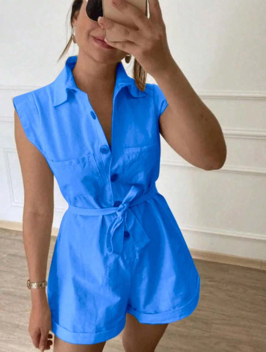 Women's Clothing/ Jumpsuit/Headband/Linen - 淺色水洗藍 - 查看 1