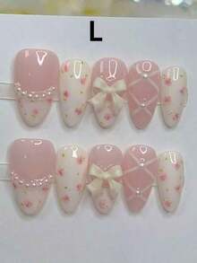 Floral Pearl French Almond Short Press On Nails - Girly Cute Bowknot Ballet Style, Simple Versatile Handmade Women, Reusable Daily Wear & Party, Nail Art Supplies - M - 查看 10