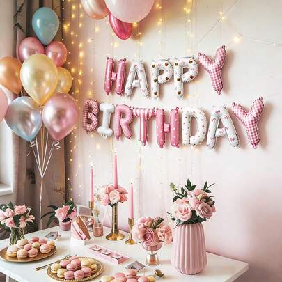 13件套粉白生日快乐气球套装，包含16英寸生日快乐字母铝箔气球，适用于生日派对、生日快乐英文字母装饰、家庭派对场景装饰、生日快乐、生日装饰派对用品、拍照亭等。