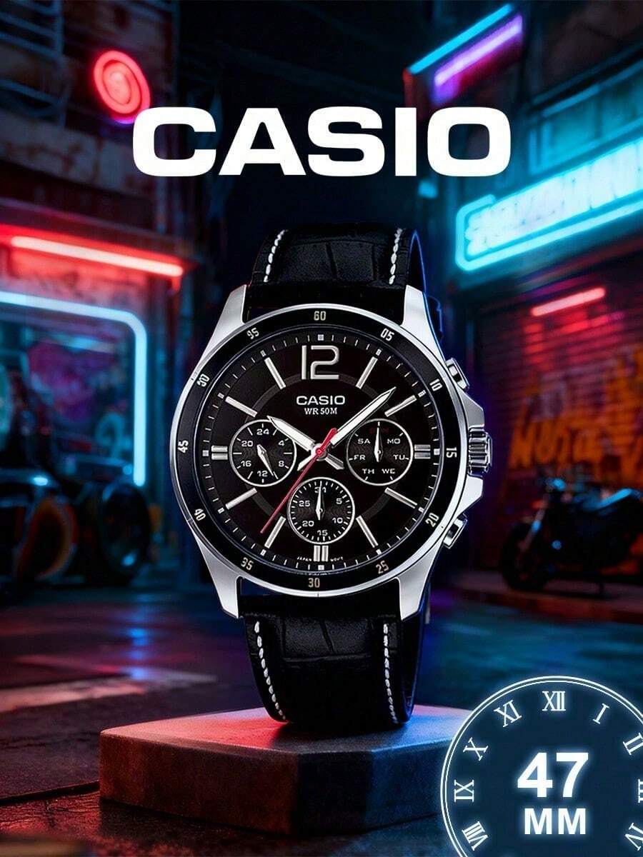 Casio 高品质男士石英表，经典指针显示，多功能计时，耐用矿物玻璃镜片，防刮擦，50米防水，真皮表带，商务休闲男士腕表 - 卡西欧 MTP-1374L-1A - 黑色 - 查看 1