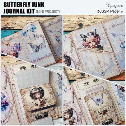 蝴蝶主题手工日记套装，迷你翻页式笔记本制作套装，翻页式手工日记套装，日记和艺术项目，剪贴簿配件 - 包含视频教程