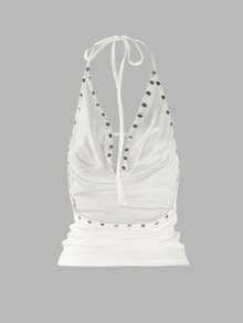 Y2K Style Sexy Women's Camisole, White Backless Tank Top With Rivet Decor, Low-Cut Spaghetti Strap Sleeveless Fitted Cropped Top Summer - White - View 8
