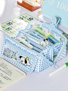 1pc Cute Large Capacity Plaid Check Dog Pencil Case, Cartoon Multifunctional Stain Resistant Stationery Bag, Flip-Top Magnetic Buckle Stationery Pouch Clear Transparent Front Pocket For Primary School Students - Multicolor - View 3