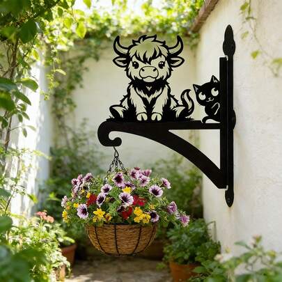 1件经典金属铁艺摆件 - 优雅可爱的北欧风格重型猫咪和高地牛剪影壁挂式植物架，适用于花园、阳台、花盆、灯笼、喂鸟器和风铃，家居及户外装饰