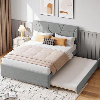 TEQIN Trundle Bed Twin, Full Size Upholstered Platform Bed Frame, Pull Out Bed With Headboard, Wood Slat Support, For Bedroom, Living Room, Guest Room
