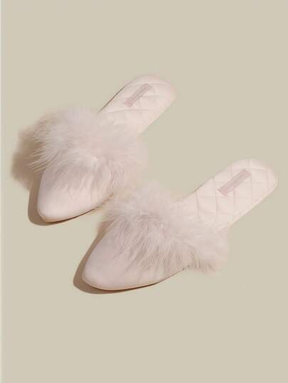Women's Elegant Turkey Feather Decorated Slippers, Breathable Non-Slip Quiet Indoor Slippers, Pink, Suitable For Spring And Summer