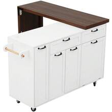 MERAX 102.3" Kitchen Island With Extendable Dining Table, Kitchen Rolling Island Cart With Trash Storage Cabinet, 3-Tier Pull-Out Spice Rack, Mobile Island Table On Wheels For Kitchen, Dining Room, White - White - View 12