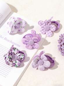 5pcs Cute Floral Hair Scrunchies, Daily Hair Accessories For Girls, Spring - Purple - View 5