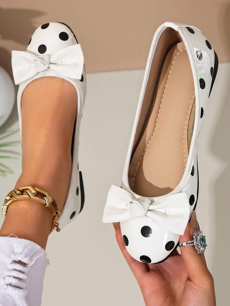 Women's Casual Polka Dot Bow Slip-On Shoes, Comfortable Soft Sole, Suitable For Commuting, Shopping, Leisure, Sports, Versatile, Spring/Autumn - White - View 1