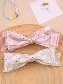 Sweet Romantic Polka Dot Satin Fabric White & Pink Bow Hair Claw, Elegant Elegant High Ponytail Banana Hair Clip - Multicolor - View 11