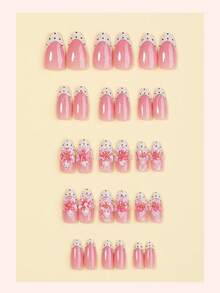10pcs Medium Almond-Shaped French Floral Acrylic Nail Tips, Y2K Polka Dot 3D False Nails Set With Golden Bead Decor, Suitable For Women's Daily Wear And Holiday Party Decoration Or Gifts - Multicolor - View 2