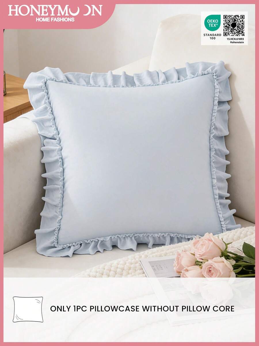1pc Prewashed 100% Polyester French Romantic Ruffled Quilted Pillow Sham, Without Filling, Envelope Closure, Wrinkle Resistant, Machine Washable, OEKO-TEX Certified, Blue - Blue - View 1