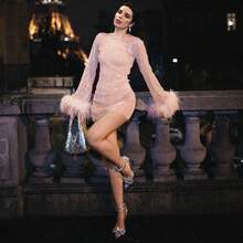 Light Luxury Socialite Style Sequin Dress With Half High Collar And Feather Cuffs, Creating An Atmosphere For The Annual Meeting And Dinner.Short Skirt - White - View 2