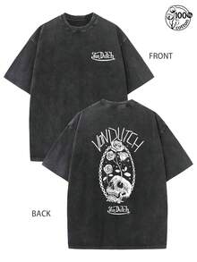 Von Dutches Skeleton Rose Themed Distressed Washed Short Sleeved Shirt, 100% Cotton Unisex Round Neck Short-Sleeve T-Shirt,Graphic T - Shirt,Soft Fabric,Figure Summer Men's Top,American Retro Von Dutches T-Shirt, Y2K Style Street Fashion Men's And Women's Shirt, Von Dutches Badge And Text Pattern Printed Casual Wear, Suitable For Daily Wear, Party And Street Style, Retro Heavyweight T-Shirt, Perfect Gift, Loose, Comfortable And Breathable, Hip-Hop Cool Style - màu đen - Xem 1