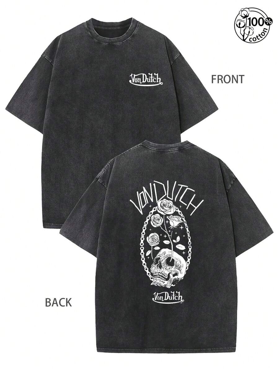 Von Dutches Skeleton Rose Themed Distressed Washed Short Sleeved Shirt, 100% Cotton Unisex Round Neck Short-Sleeve T-Shirt,Graphic T - Shirt,Soft Fabric,Figure Summer Men's Top,American Retro Von Dutches T-Shirt, Y2K Style Street Fashion Men's And Women's Shirt, Von Dutches Badge And Text Pattern Printed Casual Wear, Suitable For Daily Wear, Party And Street Style, Retro Heavyweight T-Shirt, Perfect Gift, Loose, Comfortable And Breathable, Hip-Hop Cool Style - màu đen - Xem 1