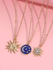 3pcs/Set Children Cute Eid Al-Adha Rhinestone Sun Moon Star Pendant Necklace Set, Suitable For Daily Wear, Gift, Festival - Gold - View 3