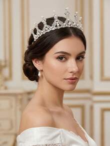 1PC Vintage Tone Pearl And Rhinestone Tiara Baroque Crown Elegant Bridal Hair Accessory 14.5cm Diameter - Multicolor - View 9