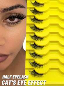 9 Pairs Half-Cut False Eyelashes, Cat Eye Style Short Soft 3D Mink Hair Effect False Lashes, Natural Makeup Look, Strip Eyelashes - Black - View 1