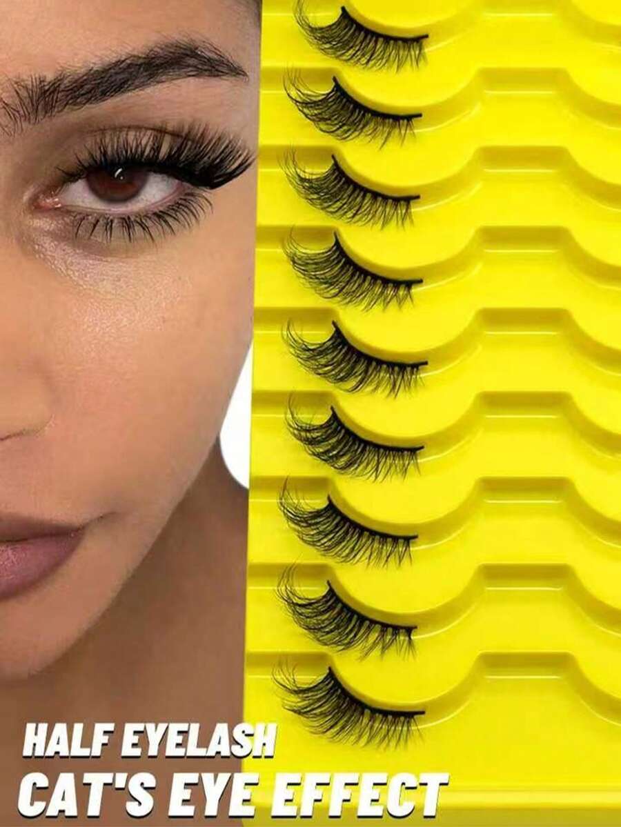 9 Pairs Half-Cut False Eyelashes, Cat Eye Style Short Soft 3D Mink Hair Effect False Lashes, Natural Makeup Look, Strip Eyelashes - Black - View 1