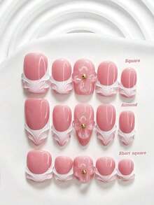 10pcs/Set Valentine's Day Handmade Nail Art Kit, Includes White Flower & Bow Decor, White & Red Gel Nails, French Polka Stickers, Heart Painting, Silver Beads Embedded, 3 Sizes Available: Almond/Square/Coffin Shape, With Set, Suitable Sweet Ladies & Girls, Valentine's Day/Party/Daily Wear Nail Supplies Handmade Press On Nails - 多色 17 - 查看 2