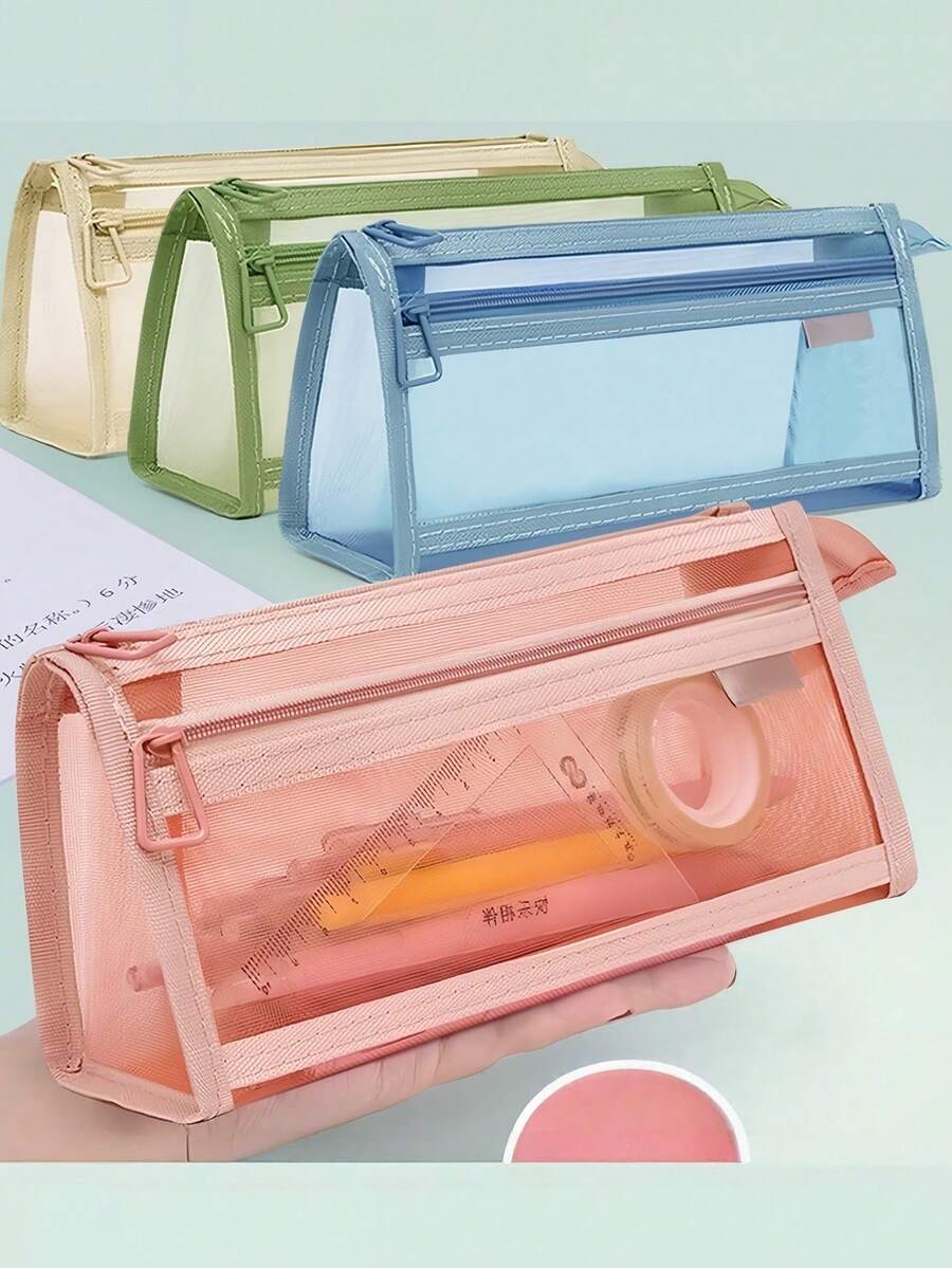 1个网状透明双层大容量文具拉链收纳袋，适合作为学生返校季礼物 - 彩色 - 查看 1