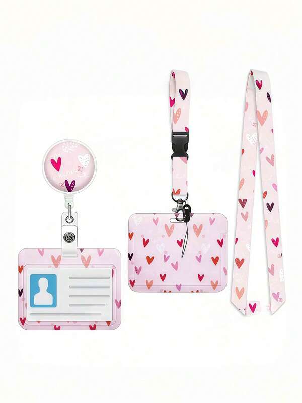 1pc (Badge Clip + Lanyard + Card Holder) Cute ID Badge Reel, Retractable Badge Holder, Nurse Name Tag Clip, Cuff Accessory, Personalized Pink Heart Double-Sided Picture For Daily Hanging Of Keys, ID, Work Badge, Small Toys, Detachable Halter For Business
