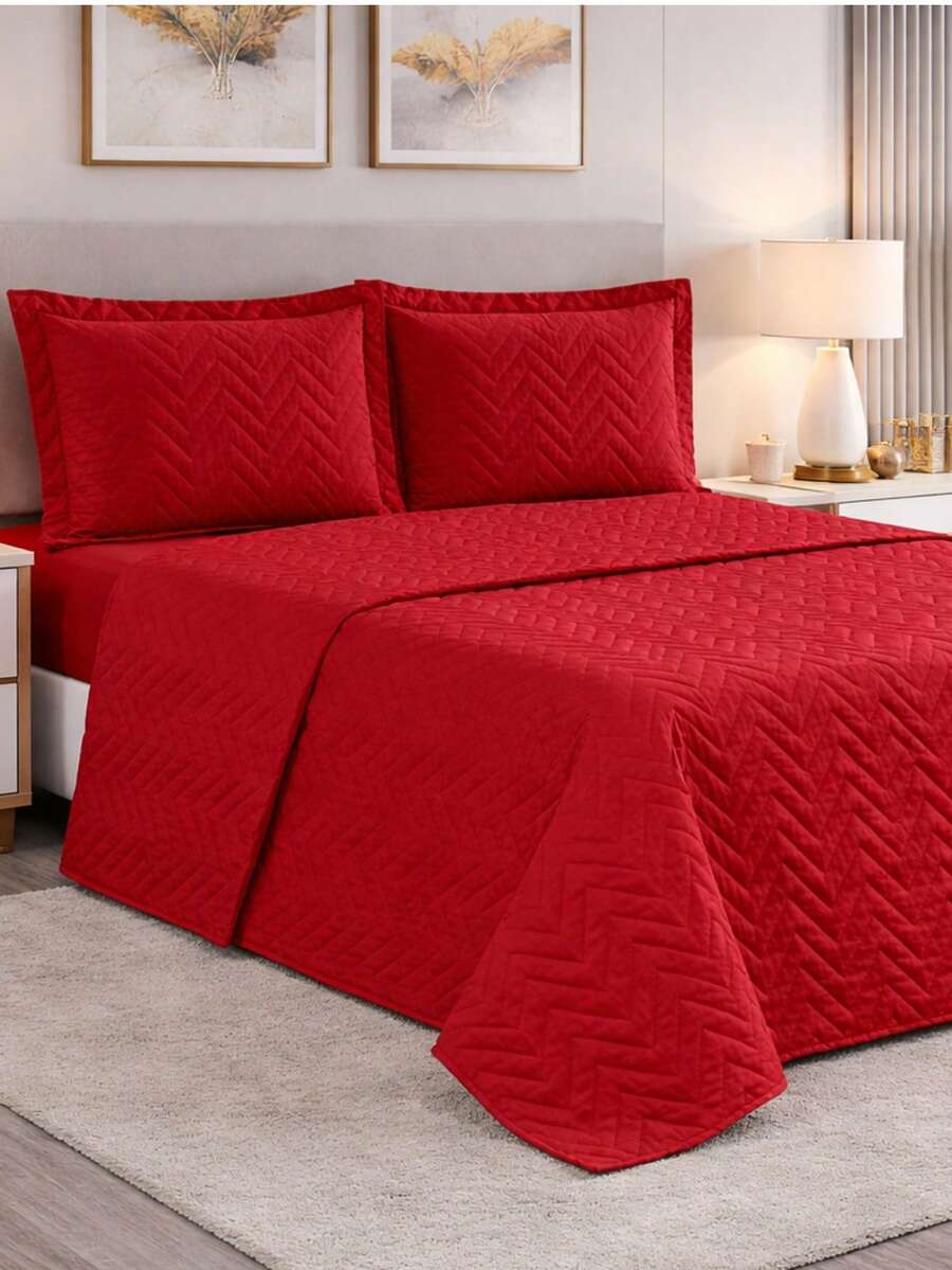Complete Slim Quilted Bedspread Set For Single, Double, Queen, And King Size Bedspreads. - Red - View 1