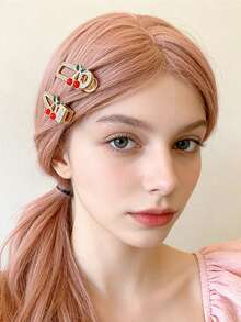 4件套女士镂空樱桃水钻发夹，侧刘海鸭嘴发饰 - 彩色 - 查看 2