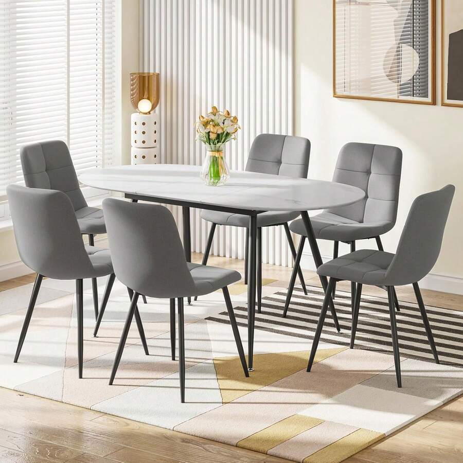 Extendable Dining Table And Chairs Set Of 6, Oval Mable Effect Table With Upholstered Chairs For Dining Room (Grey Line, Set Of 6)