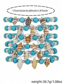 6件套波西米亚风玻璃珠手链套装，人造贝壳和绿松石可调节抽绳手链，女士沙滩派对配饰 - 藍白色 - 查看 5