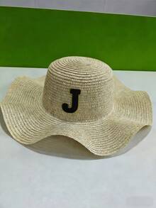 1顶女童草编宽檐帽，A-Z黑色字母标签，可定制度假防晒日常百搭帽，个性化定制户外帽 - 卡其色 - 查看 11